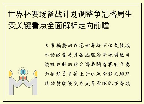 世界杯赛场备战计划调整争冠格局生变关键看点全面解析走向前瞻